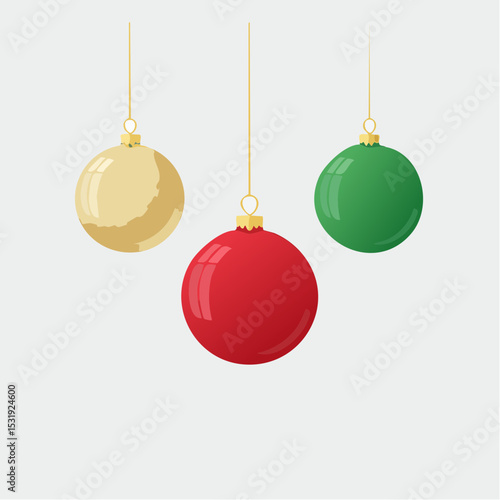 Three Christmas ornaments in red, green, and gold hanging from the top on a white background.