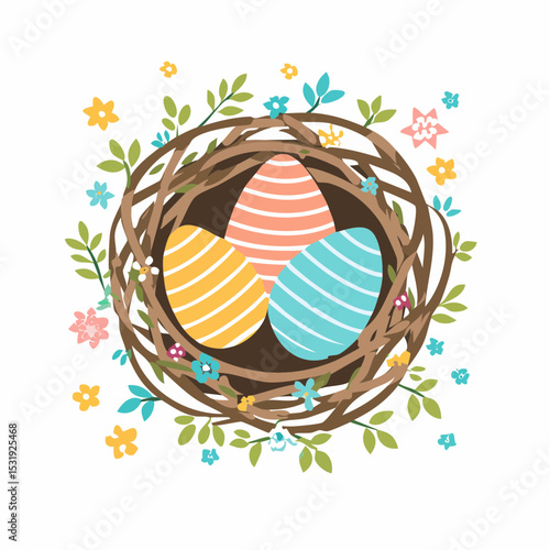 A nest with three floral-decorated Easter eggs on a clean white background with room for copy.