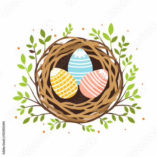 A nest with three floral-decorated Easter eggs on a clean white background with room for copy.