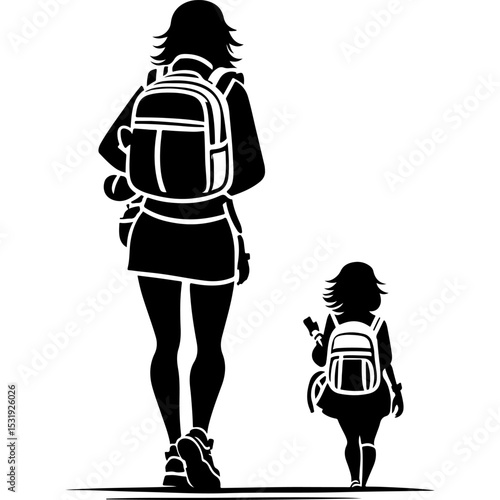 Sketchy sport emblem of Mom and daughter beginner Travelers walking with backpacks view from behind in monochrome. Engraving minimalistic vector in black ink drawing on transparent background