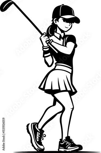 Sketchy sport emblem of sportswoman golfer effect poses with golf club in monochrome. Engraving minimalistic vector in black ink drawing on transparent background
