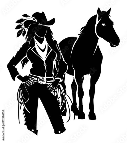 Silhouette of a Cowgirl with Horse in Black and White Design
