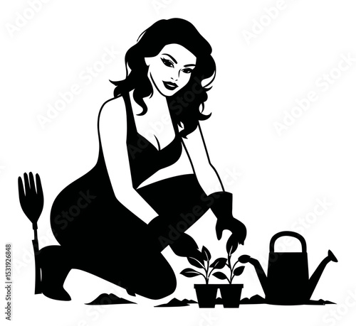 Young Woman Gardening with Plants, Watering Can, and Gardening Tools
