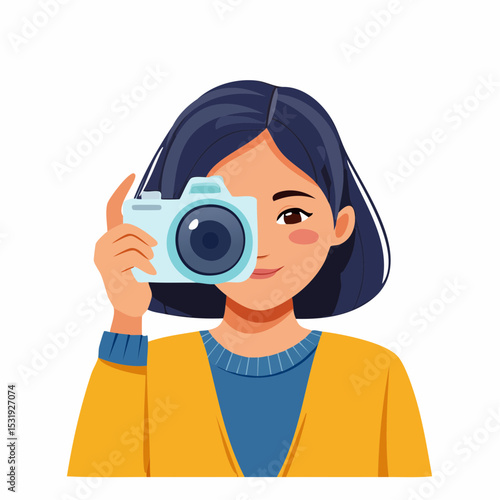 Focused young girl looking through DSLR camera viewfinder, taking a photo with determination, flat vector style image of a passionate photographer.