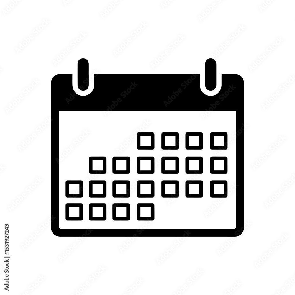 A black and white calendar icon with rows of squares representing dates A black and white calendar icon with rows of squares representing dates