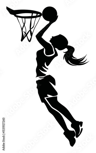 Dynamic Basketball Player Silhouette in Action with Ball and Hoop