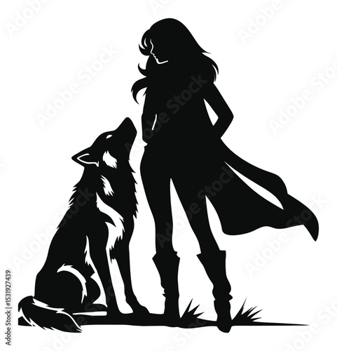 Silhouette of a Woman and Wolf Bonding Together in Vector Design