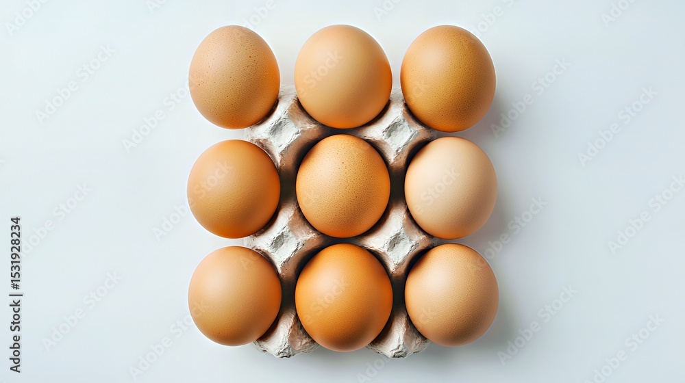 Nine fresh brown eggs neatly arranged in an egg carton. Nine fresh brown eggs neatly arranged in an egg carton.
