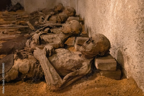 Billede på lærred Mummified skulls in a crypt