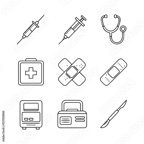 Line art depicting medical supplies including syringes a stethoscope and various bandages