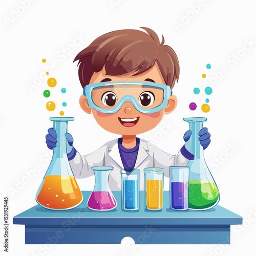 Curious young boy with safety goggles mixing colorful chemicals in glass beakers at a small desk, demonstrating enthusiasm for scientific exploration.