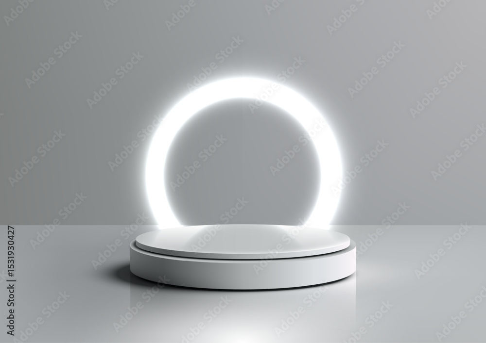 Minimalist 3D white podium with glowing neon ring, perfect for product display and abstract presentations Minimalist 3D white podium with glowing neon ring, perfect for product display and abstract presentations