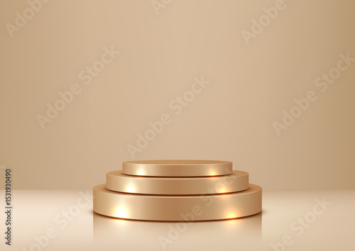 Gold Podium Product Display, Elegant 3D Circular Stand for Luxury Showcases and Awards on Warm Brown Background