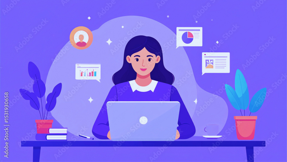 Businesswoman working on a laptop in an office, symbolizing communication and technology Businesswoman working on a laptop in an office, symbolizing communication and technology