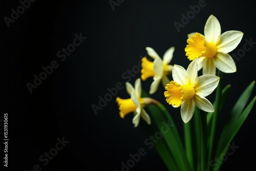 Dramatic black backdrop, pristine white & yellow daffodils, lush green leaves , design, celebration