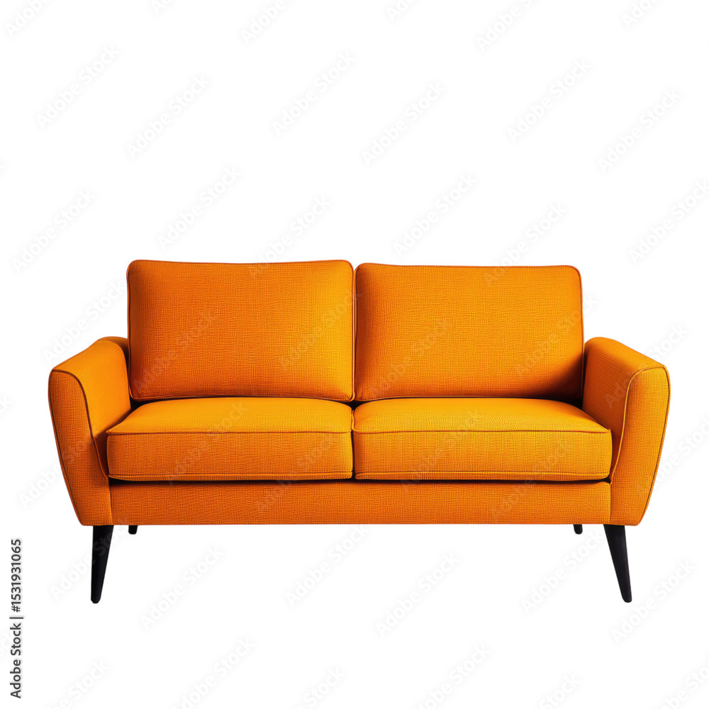 A bright orange sofa with black legs, against a white background, Transparent PNG, in the front view, with soft lighting, in a simple style A bright orange sofa with black legs, against a white background, Transparent PNG, in the front view, with soft lighting, in a simple style