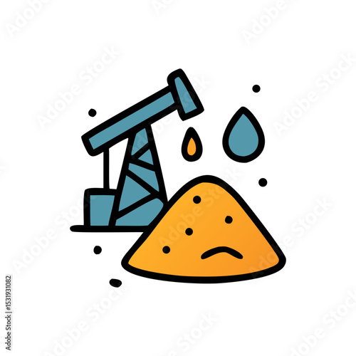 Oil Industry and Resources: An artistic representation of an oil pump extracting crude oil next to a pile of sand, symbolizing natural resources and their extraction.
