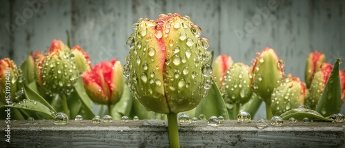 Dew-kissed tulips in a wooden planter