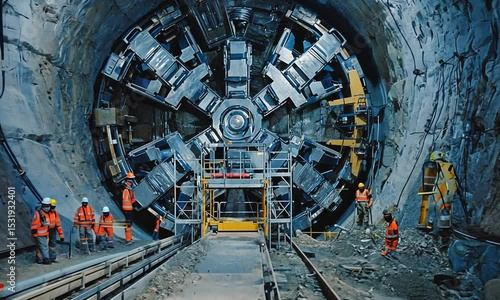 Construction workers operating a tunnel boring machine in an underground excavation site