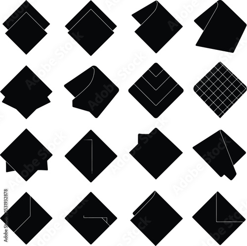 Minimalist black and white vector illustrations of folded fabric and pocket squares, perfect for fashion, textile, and formal wear design concepts.