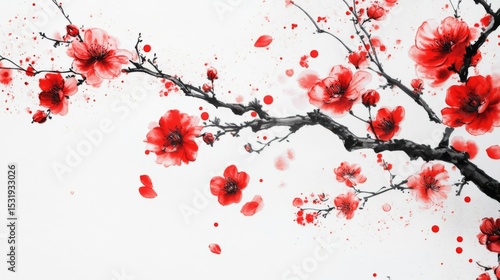 Chinese ink painting style, with plum blossom flowers and petals scattered on the curved branches of red roses