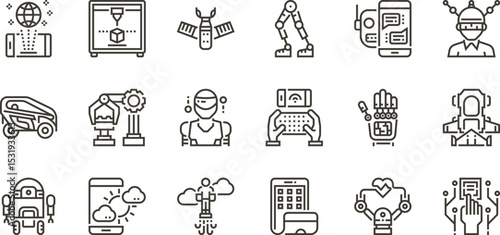 Collection of Futuristic Technology Icons Robotics, AI, 3D Printing, and More - 447.eps