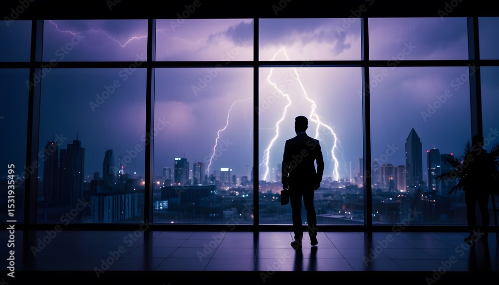 Fototapeta premium Businessman looking at lightning storm over city skyline from office window at night time
