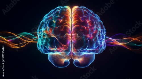 Front view of anatomical human brain emitting vibrant colorful waves of neural energy lines in a scientific concept illustration for medical, educational, and technological design projects