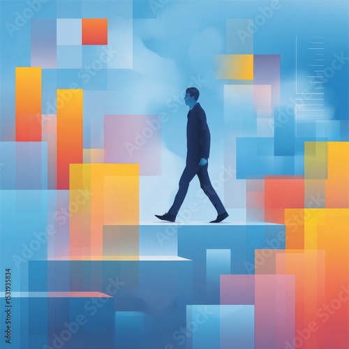 Businessman walking on the podium, blue background with abstract shapes of squares and bar charts