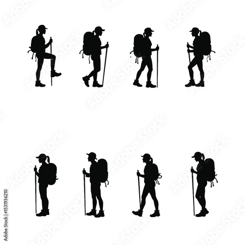 Female hiker silhouettes hiking with backpacks and trekking poles