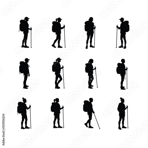 Twelve hikers silhouettes trekking with backpacks and poles