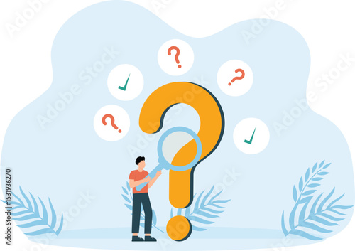 Man holding magnifying glass and looking through it at interrogation points, frequently asked questions concept
