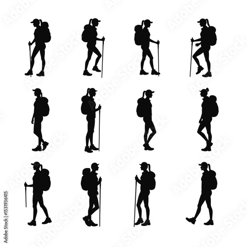 Twelve silhouettes of female hikers with backpacks and trekking poles