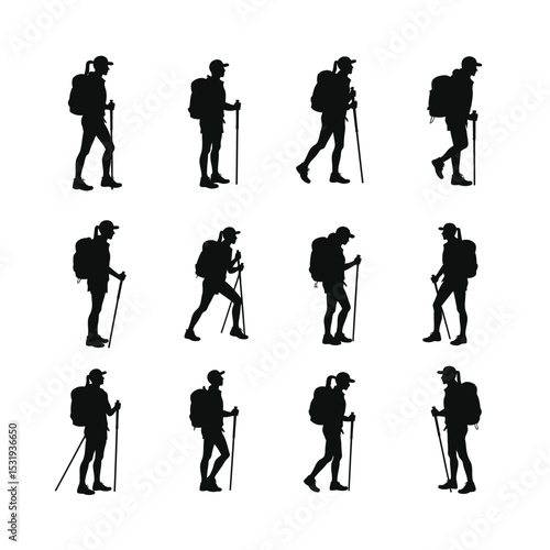 Hiking silhouettes women backpackers trekking poles