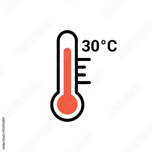 Thermometer at 30 Degrees Celsius on White Background, Medical Icon Symbolizing Temperature
