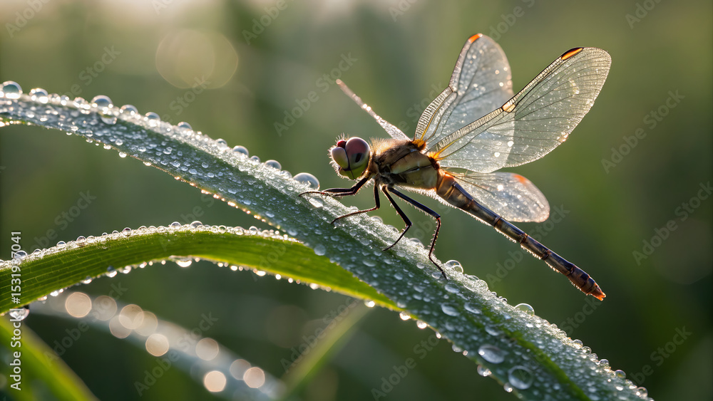 Fototapeta premium Dragonfly resting on a dewy leaf, showcasing intricate wing patterns and morning light