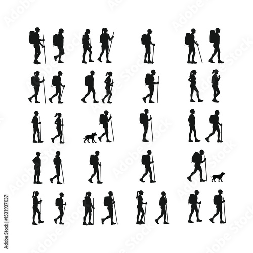 Hiking silhouettes collection diverse backpackers trekking