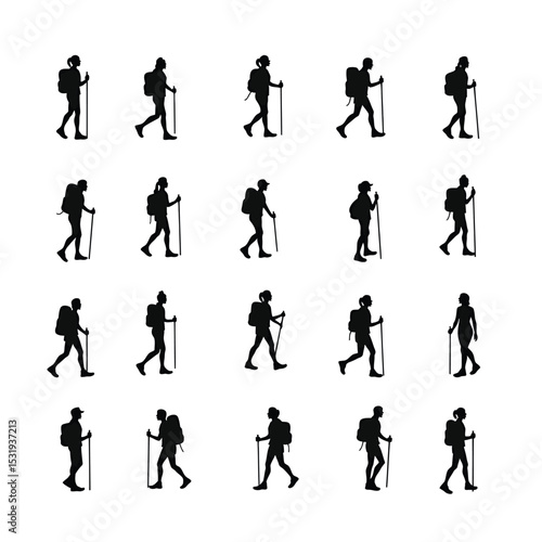 Hikers silhouettes trekking nature outdoors adventure