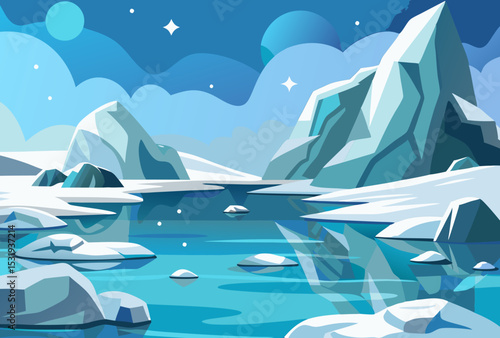 Stunning Glacial Lake in Arctic Landscape. Icy Mountains and Frozen River