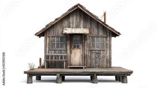 Wallpaper Mural Weathered wooden shack on raised platform, showing age & decay; single door, two windows, small porch, & simple bench.  Isolated on white Torontodigital.ca