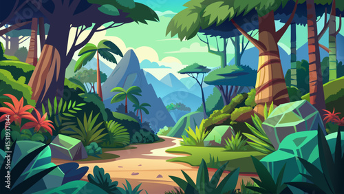 Serene Jungle Landscape. A Picturesque Path Through Lush Tropical Forest