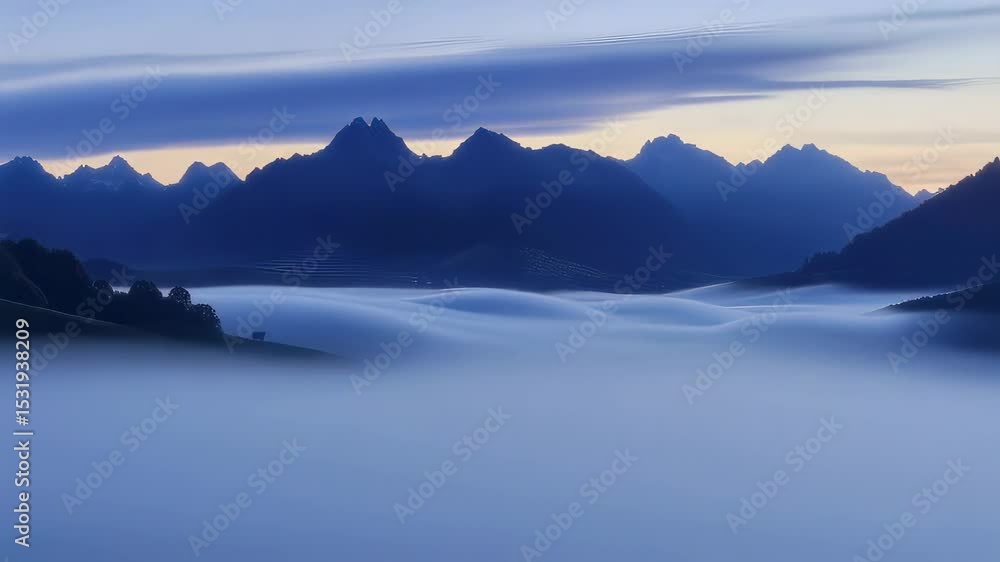 Colorful twilight fog covers mountain valleys at dusk
Colorful twilight fog covers mountain valleys at dusk