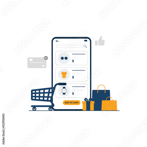 Phone with Shopping Bag and Cart Vector Illustration. Online Shopping Concept Design
