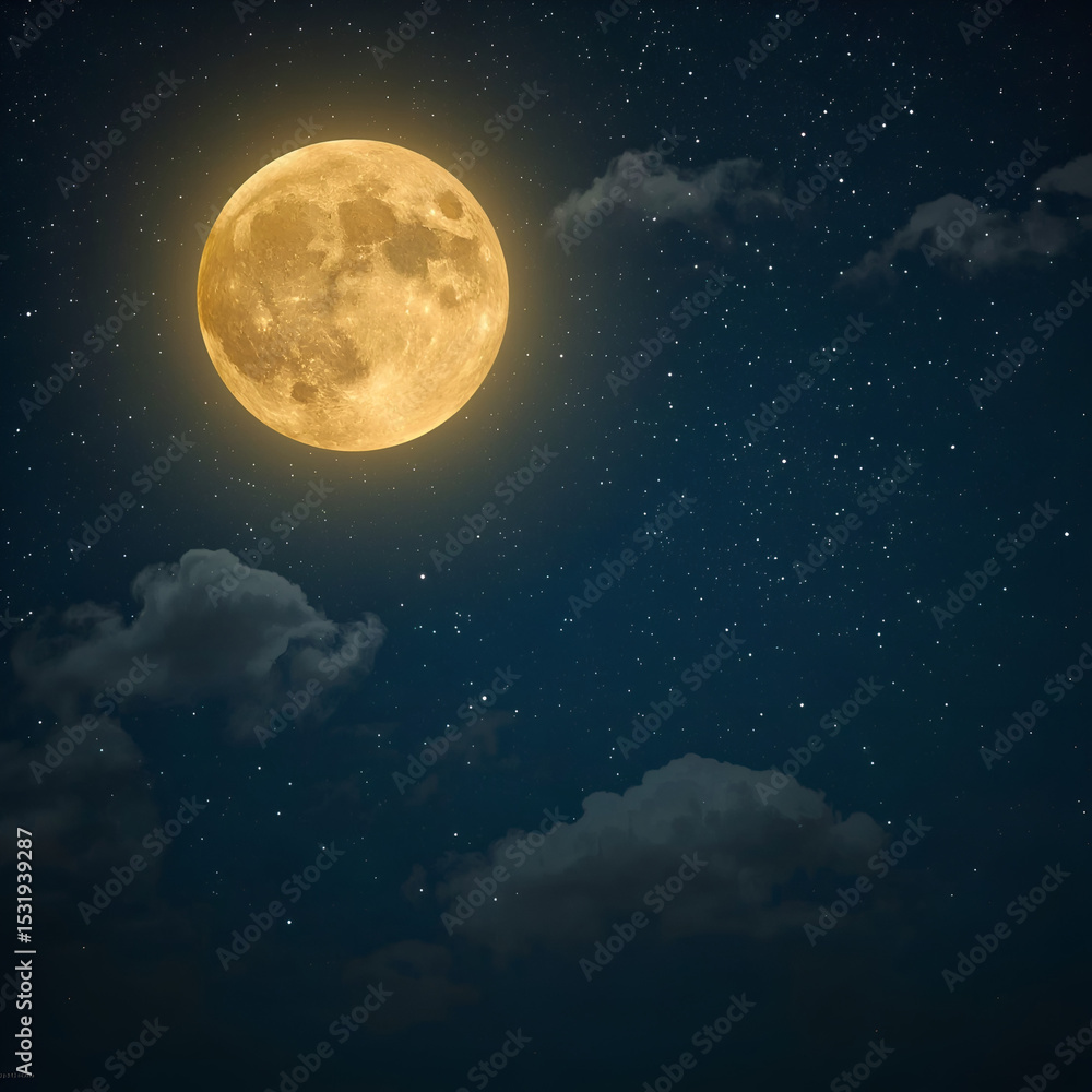 Naklejka premium Luminous Full Moon in a Starry Night Sky with Wispy Clouds and Deep Blue Hues