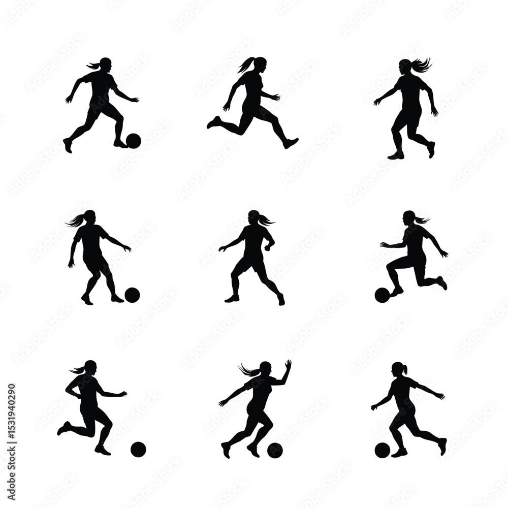 Female soccer player silhouettes action poses collection Female soccer player silhouettes action poses collection