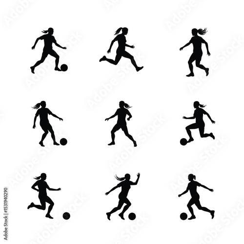 Female soccer player silhouettes action poses collection