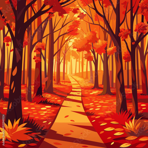 Autumnal Forest Path. A Scenic Walk Through Red and Orange Leaves