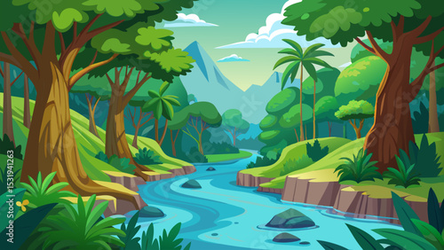 Serene River in Lush Tropical Forest. A Breathtaking Nature Scene