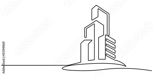 Continuous one line drawing modern building architecture. Flat roof house or commercial building in continuous line art drawing style. Real estate building in single line draw illustration. 