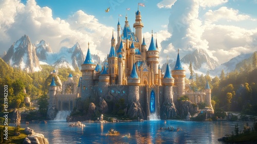 whimsical enchanted castle with floating turrets and magical creatures guarding its gates, Generative AI